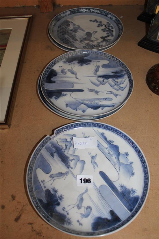 6 Chinese blue and white plates ( some damage)